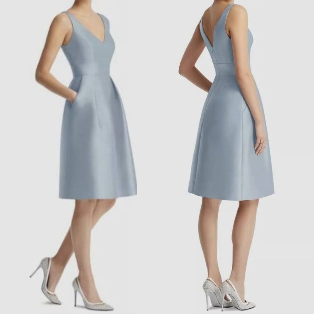 Alfred Sung V-Neck Satin Cocktail Dress in Mist, Size 8